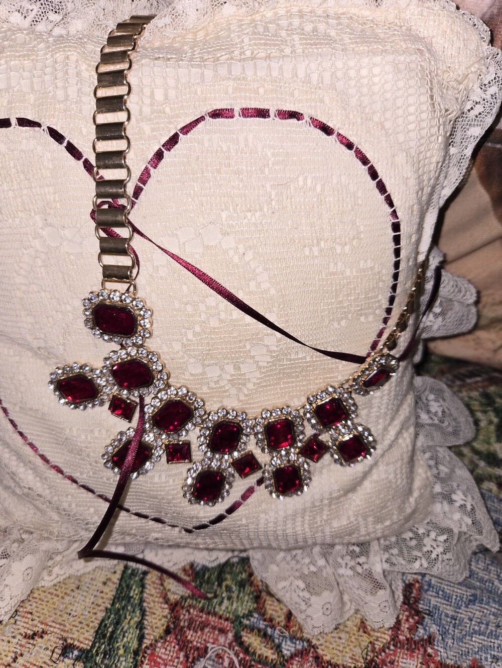 Women's Gold-Tone Necklace with Deep Red stones Costume Jewerly